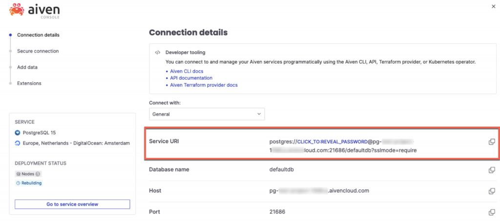 Aiven for PostgreSQL Service URI 